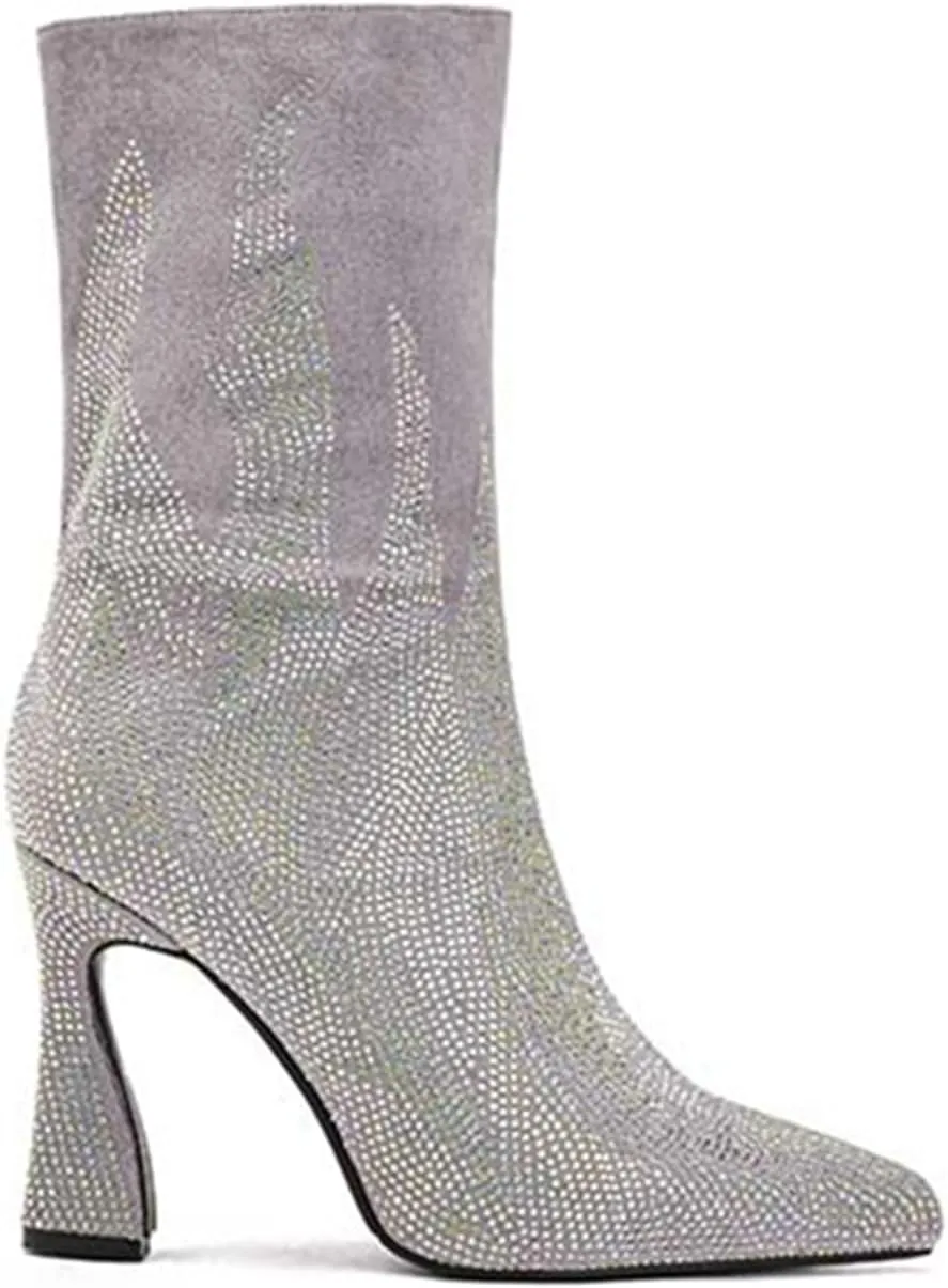High Heeled Mid Calf Boots,Flame Pattern,Diamond Studded,Comfortable and Non Slip High Heeled Boots,Suitable for All Occasions