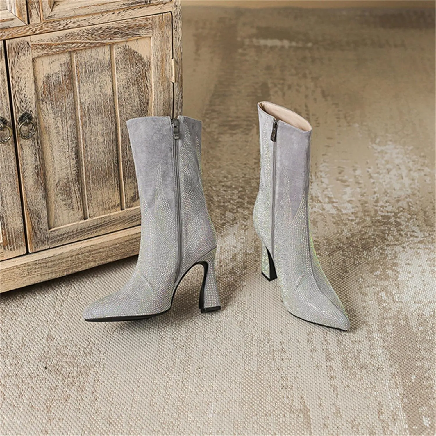 High Heeled Mid Calf Boots,Flame Pattern,Diamond Studded,Comfortable and Non Slip High Heeled Boots,Suitable for All Occasions