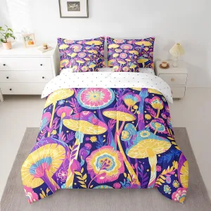 Hippie Mushroom Full Bedding Sets 7-Piece Groovy Floral Comforter Set,Vintage Flower Bed in a Bag Rainbow Wild Fungus Bedding Comforter Sets Botanical Plants Bed Set Kids Girls Bedroom Decor