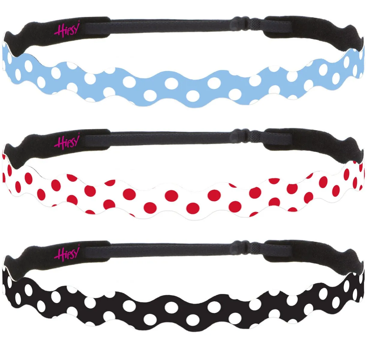 Hipsy Adjustable Non Slip Wave Fashion Printed Sports Headbands 3-pack (Polka Dot Light Blue/White/Black)