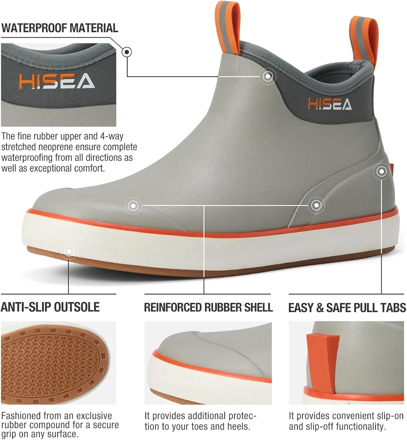 HISEA Men's Deck Boots, Wide Toe Mens Rain Boots Waterproof Fishing Boots Anti-Slip Ankle High Breathable Neoprene Lining Rubber Boots