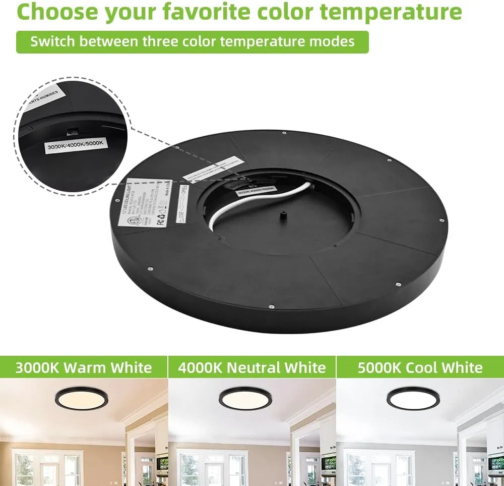hykolity 12 Inch Selectable CCT LED Round Flat Panel Light, 24W 3000K/4000K/5000K, Edge-Lit Flush Mount Ceiling Light Fixture for Kitchen, Bedroom, Laundry and Closet Room，Black