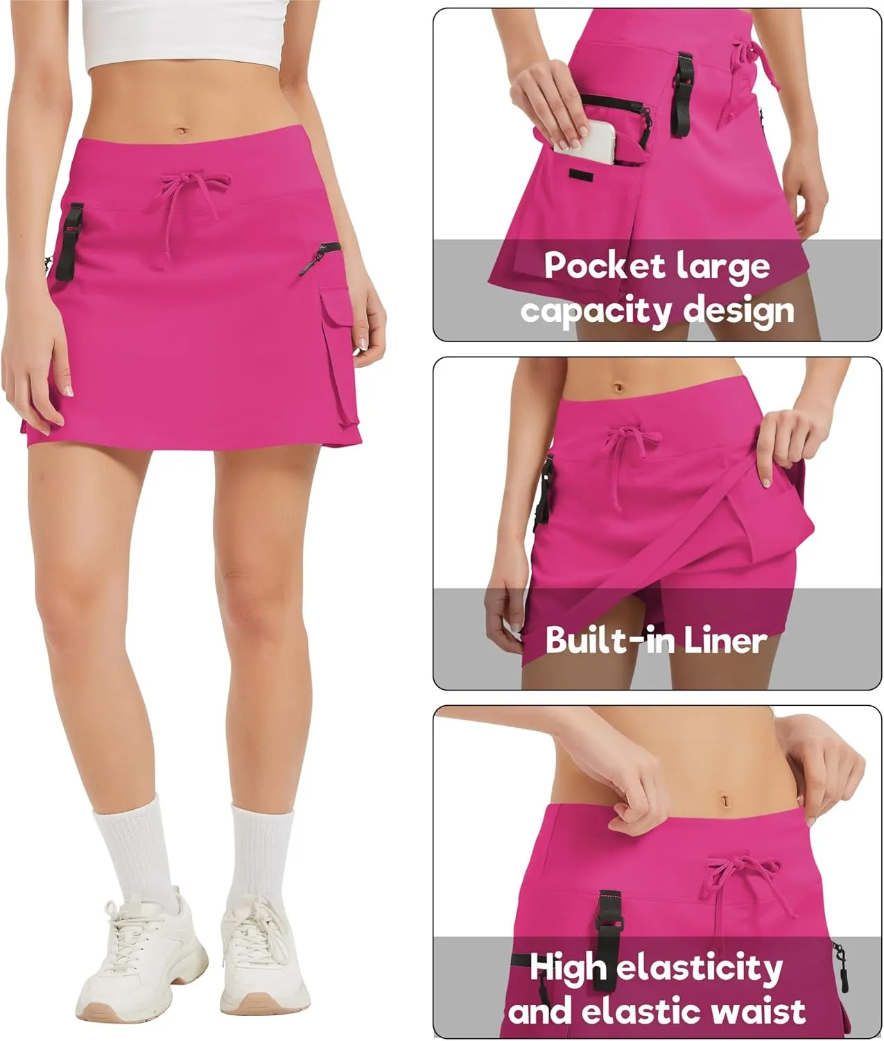 Idtswch Women's 16" High Waisted Hiking Cargo Skort with Zipper Pockets - Quick Dry Golf & Workout Skirt