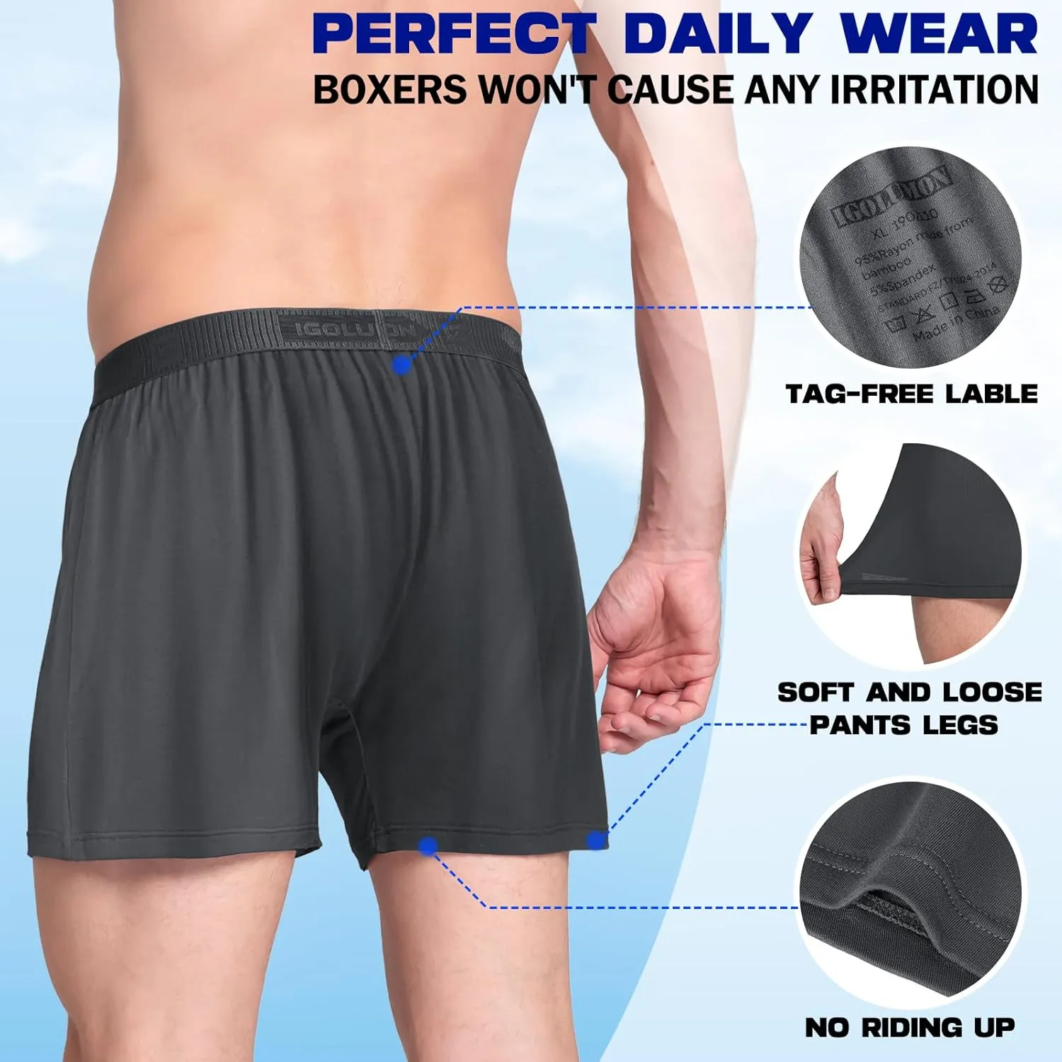 IGOLUMON Mens Underwear Boxer Shorts 5 Pack Bamboo Rayon Boxers for Men Classic Relaxed Fit Boxer Shorts with Button Fly