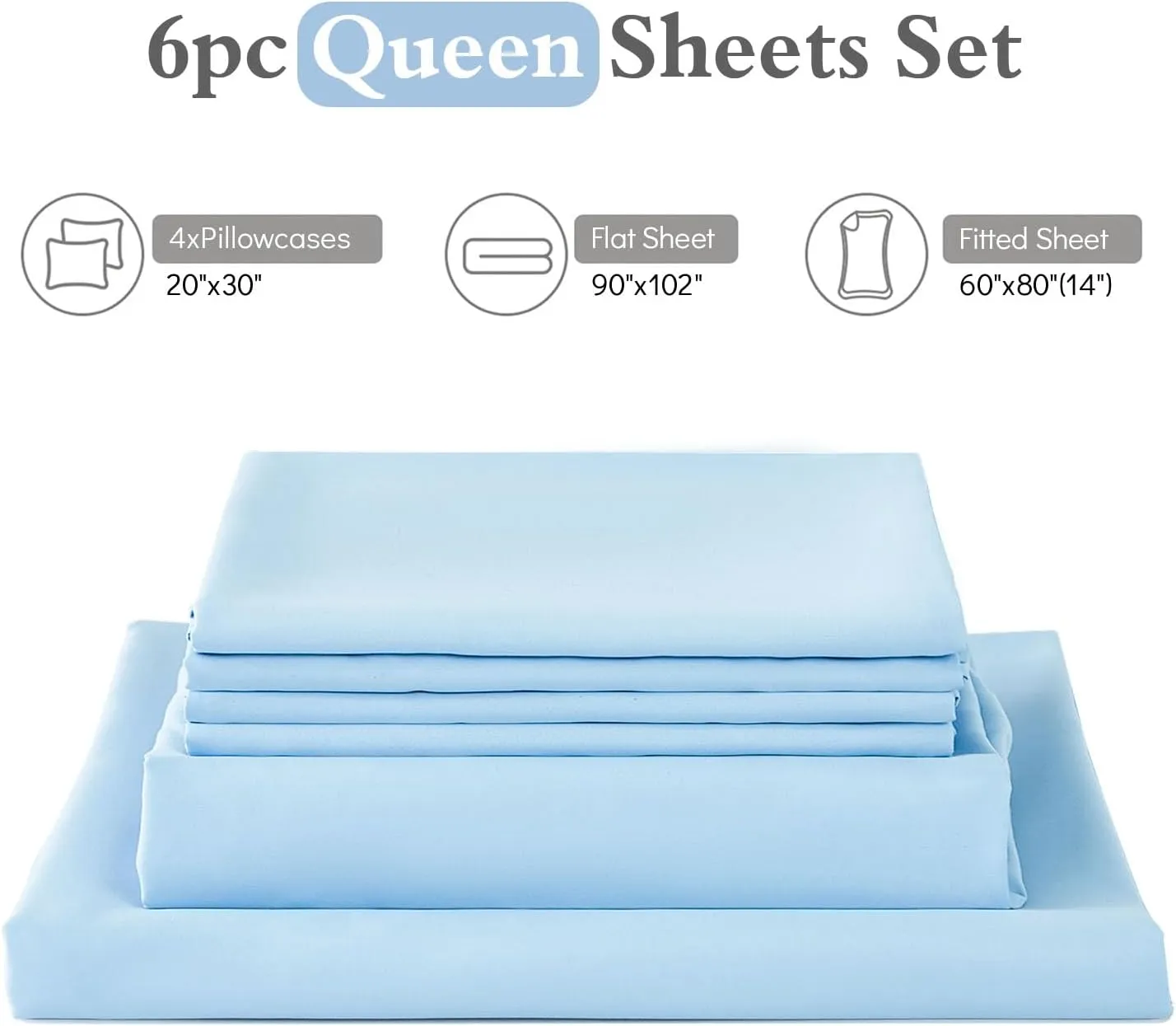 ILAVANDE Queen Sheets Set 6 Piece,Hotel Luxury Super Soft 1800 Series Microfiber Queen Bed Sheets Set-Wrinkle Free & Breathable-14 Deep Pocket Sheets for Queen Size Bed(Queen,Baby Blue)
