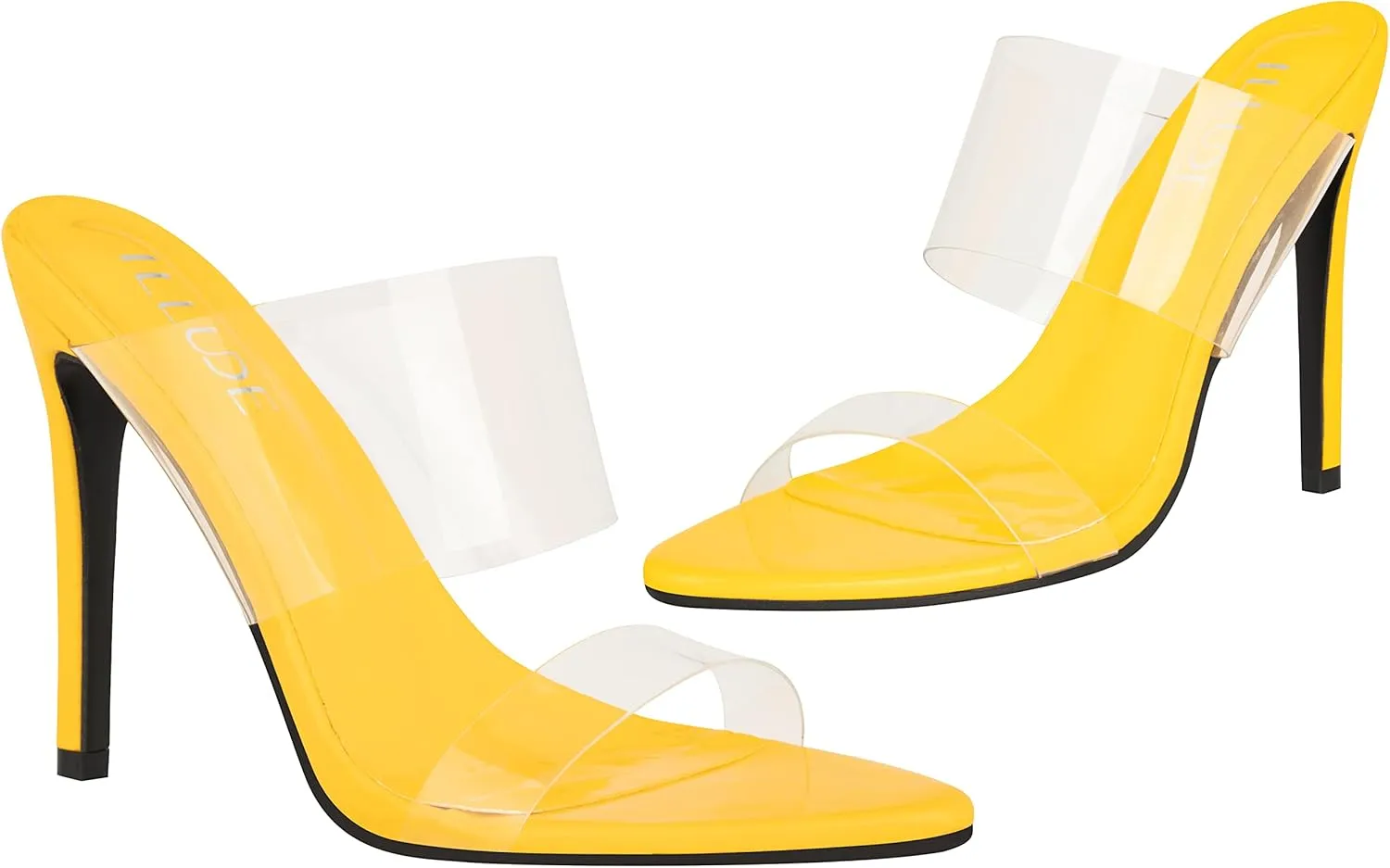 ILLUDE Women’s Clear Pointed Toe Sandals Stiletto Heels Transparent Strap High Heels Slip on Mules