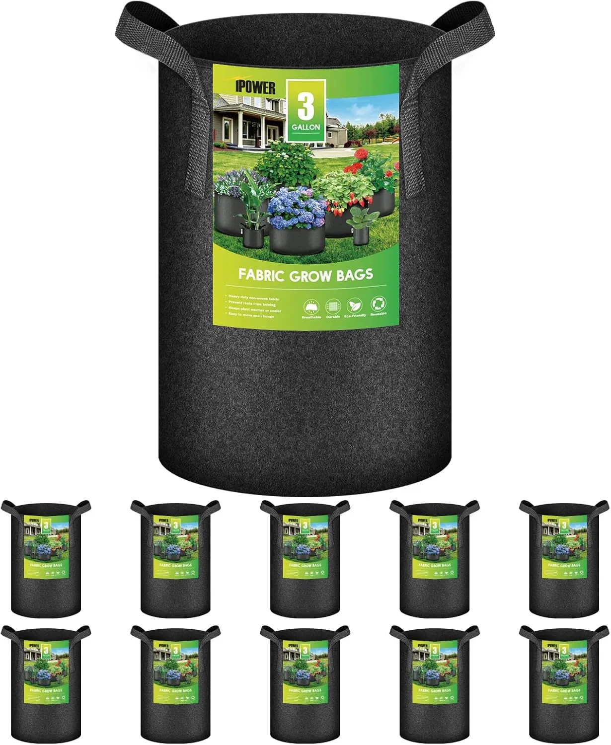 iPower 3 Gallon 10 Pack Grow Bags Nonwoven Fabric Pots Aeration Container with Strap Handles for Garden and Planting, 10-Pack Black, 3 Gallon