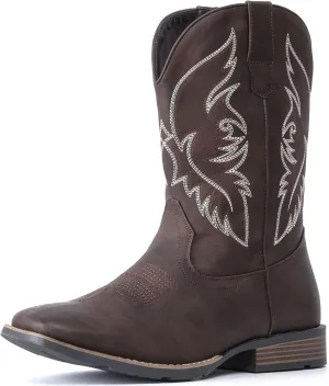 IUV Cowboy Boots For Men Square Toe Western Boot Durable Retro Classic Embroidered Pull On Boot Slip Resistant Country Boots