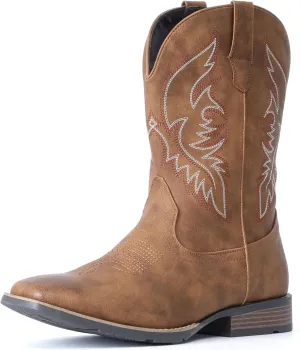 IUV Cowboy Boots For Men Square Toe Western Boot Durable Retro Classic Embroidered Pull On Boot Slip Resistant Country Boots