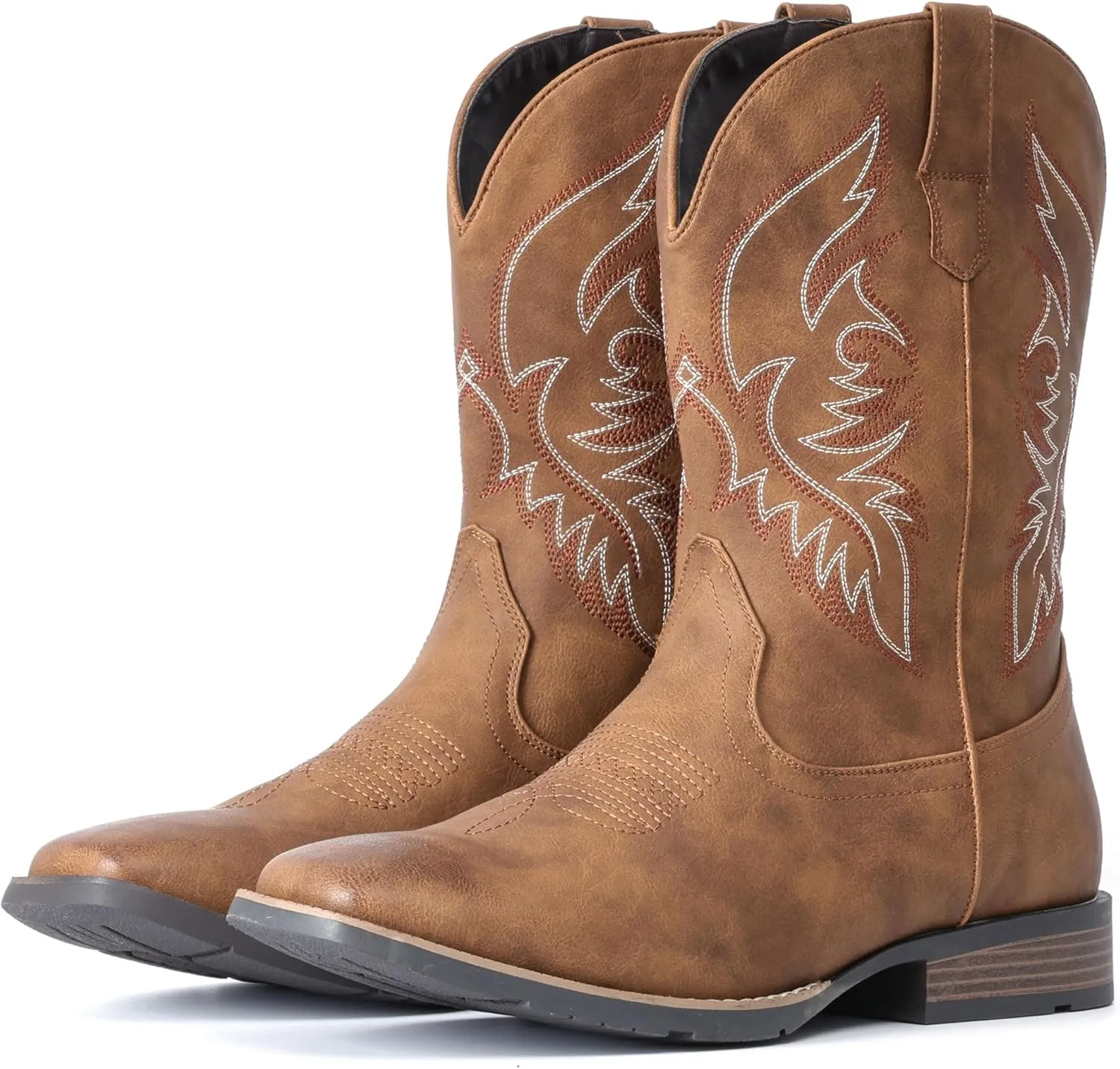 IUV Cowboy Boots For Men Square Toe Western Boot Durable Retro Classic Embroidered Pull On Boot Slip Resistant Country Boots