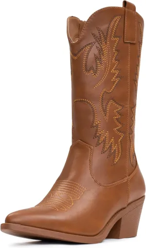 IUV Cowboy Boots For Women Western Cowgirl Boots Pull On Pointy Toe Mid Calf