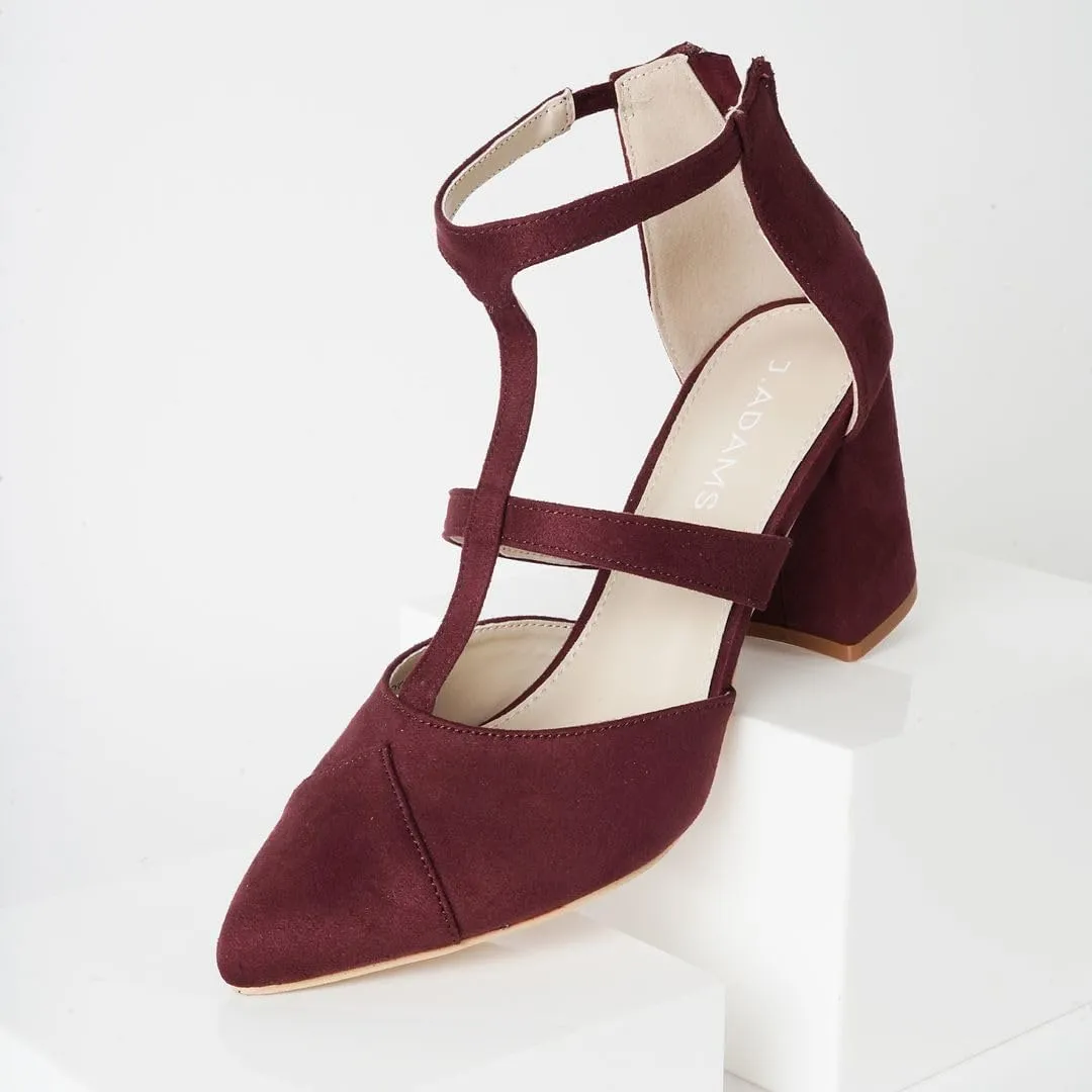 J. Adams Michelle Women's Chunky Block Heel Pointed Toe T-Strap Dress Shoes - Elegant Suede Pumps for Office & Party