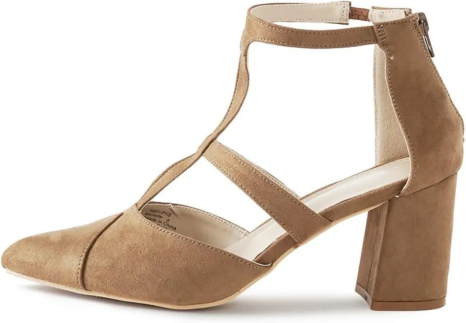 J. Adams Michelle Women's Chunky Block Heel Pointed Toe T-Strap Dress Shoes - Elegant Suede Pumps for Office & Party