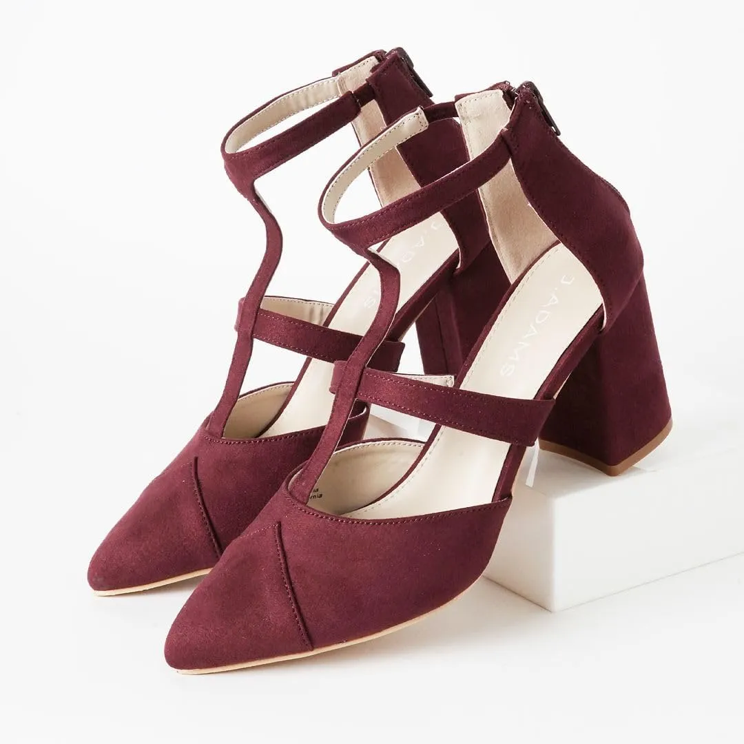 J. Adams Michelle Women's Chunky Block Heel Pointed Toe T-Strap Dress Shoes - Elegant Suede Pumps for Office & Party