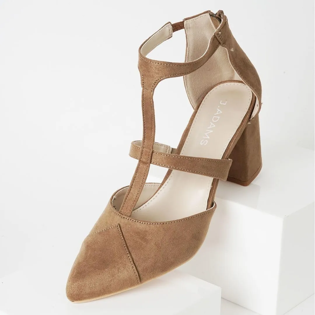 J. Adams Michelle Women's Chunky Block Heel Pointed Toe T-Strap Dress Shoes - Elegant Suede Pumps for Office & Party