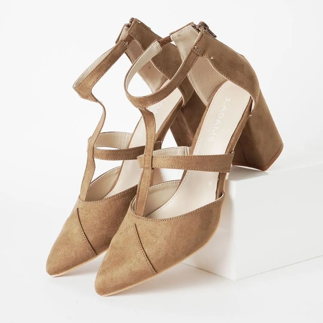 J. Adams Michelle Women's Chunky Block Heel Pointed Toe T-Strap Dress Shoes - Elegant Suede Pumps for Office & Party