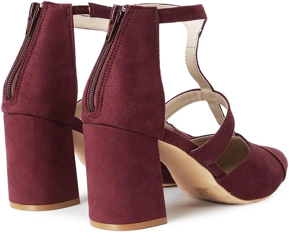 J. Adams Michelle Women's Chunky Block Heel Pointed Toe T-Strap Dress Shoes - Elegant Suede Pumps for Office & Party