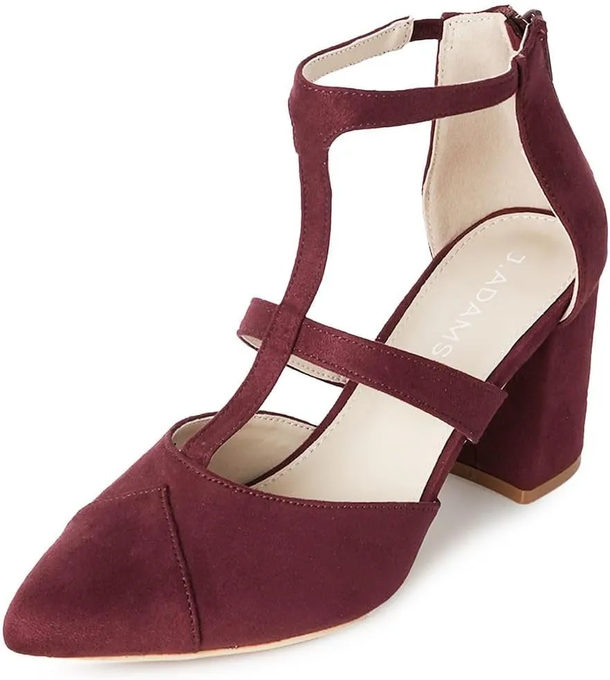 J. Adams Michelle Women's Chunky Block Heel Pointed Toe T-Strap Dress Shoes - Elegant Suede Pumps for Office & Party