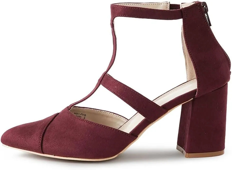 J. Adams Michelle Women's Chunky Block Heel Pointed Toe T-Strap Dress Shoes - Elegant Suede Pumps for Office & Party