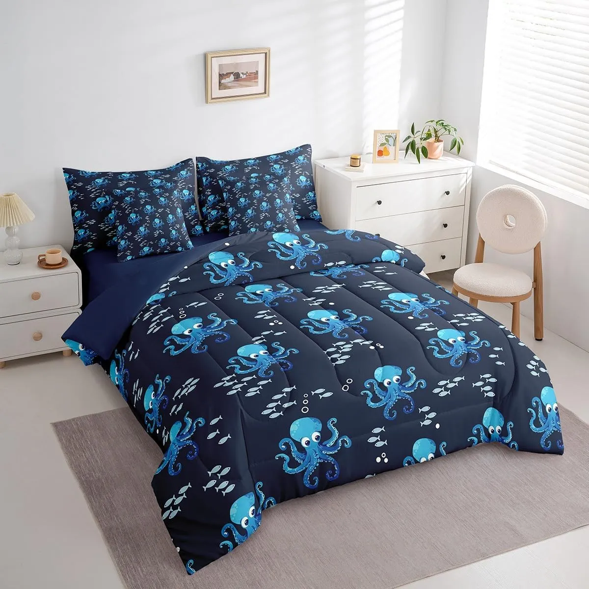 jejeloiu Octopus Comforter Set with Sheets Full Size Kids Ocean Kraken 7 Pieces Bedding Set for Boys Girls Teens Tentacles Bed in a Bag Breathable Sealife Sea Animal Bed Set Room Decor