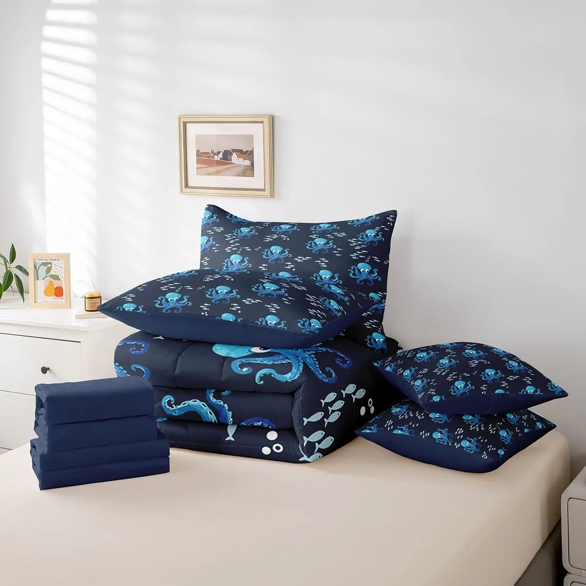 jejeloiu Octopus Comforter Set with Sheets Full Size Kids Ocean Kraken 7 Pieces Bedding Set for Boys Girls Teens Tentacles Bed in a Bag Breathable Sealife Sea Animal Bed Set Room Decor