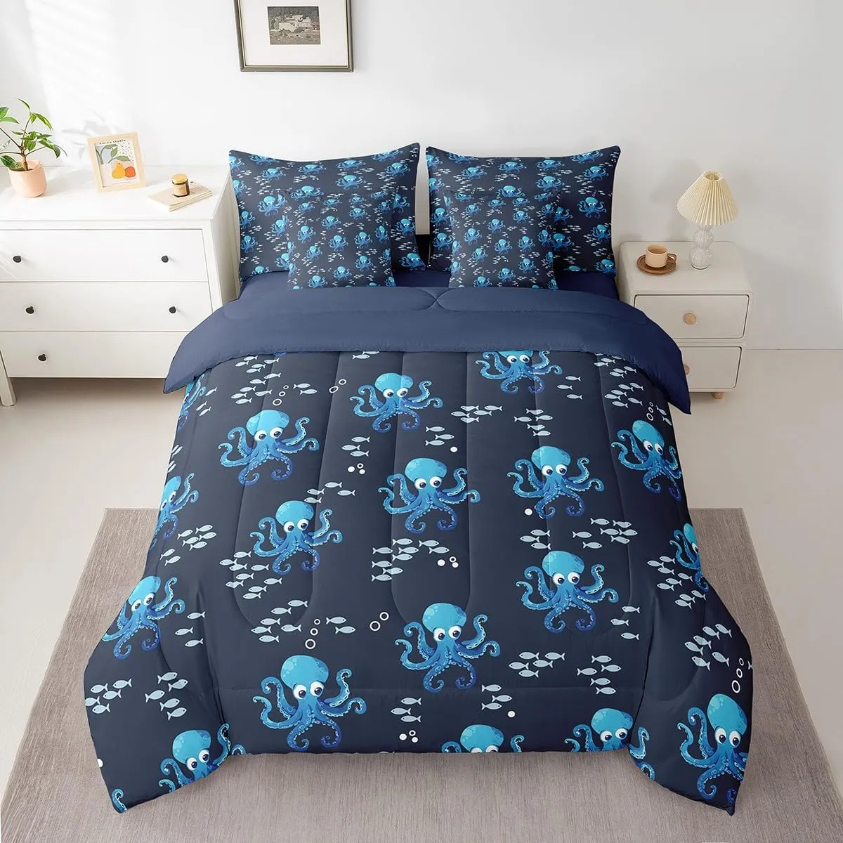 jejeloiu Octopus Comforter Set with Sheets Full Size Kids Ocean Kraken 7 Pieces Bedding Set for Boys Girls Teens Tentacles Bed in a Bag Breathable Sealife Sea Animal Bed Set Room Decor