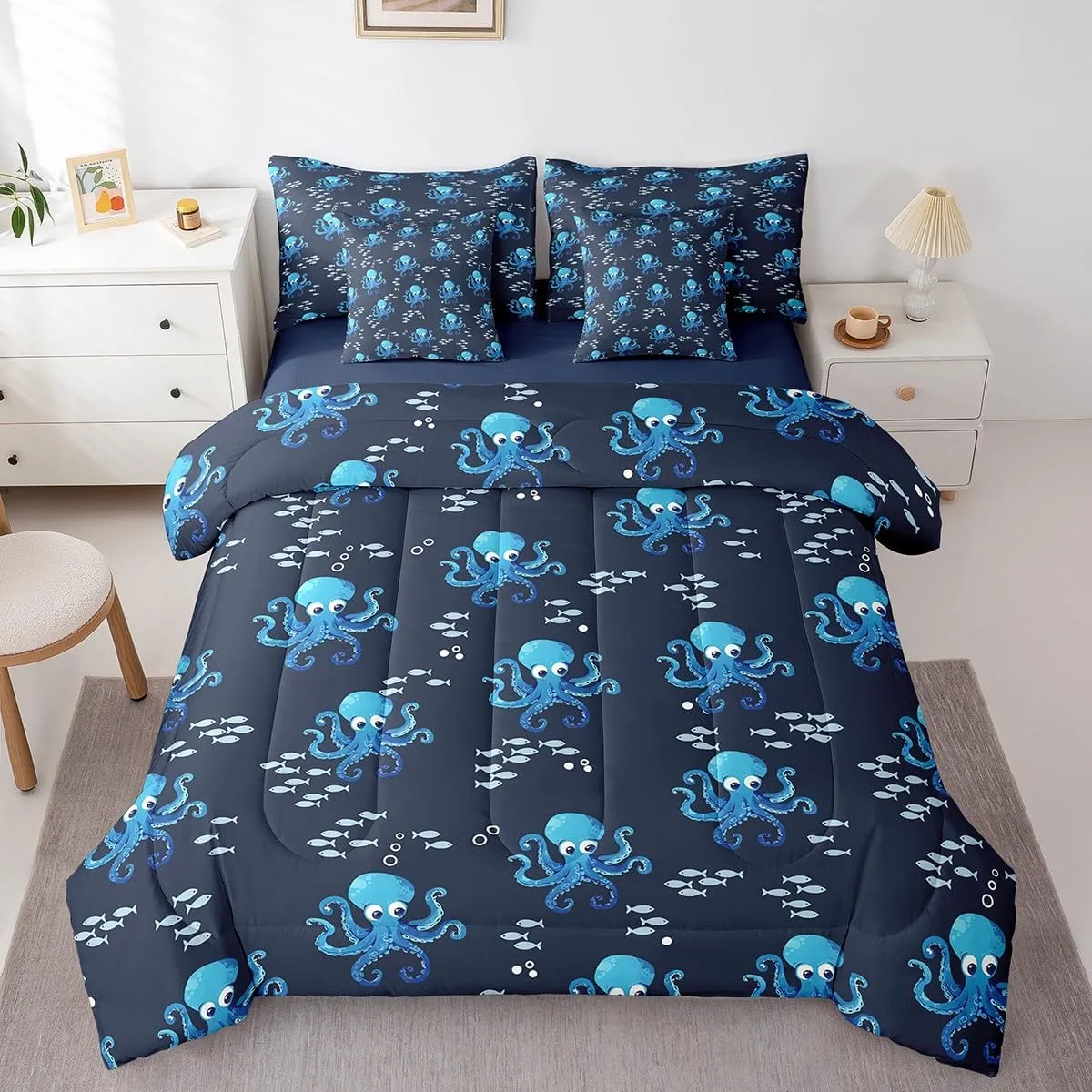 jejeloiu Octopus Comforter Set with Sheets Full Size Kids Ocean Kraken 7 Pieces Bedding Set for Boys Girls Teens Tentacles Bed in a Bag Breathable Sealife Sea Animal Bed Set Room Decor
