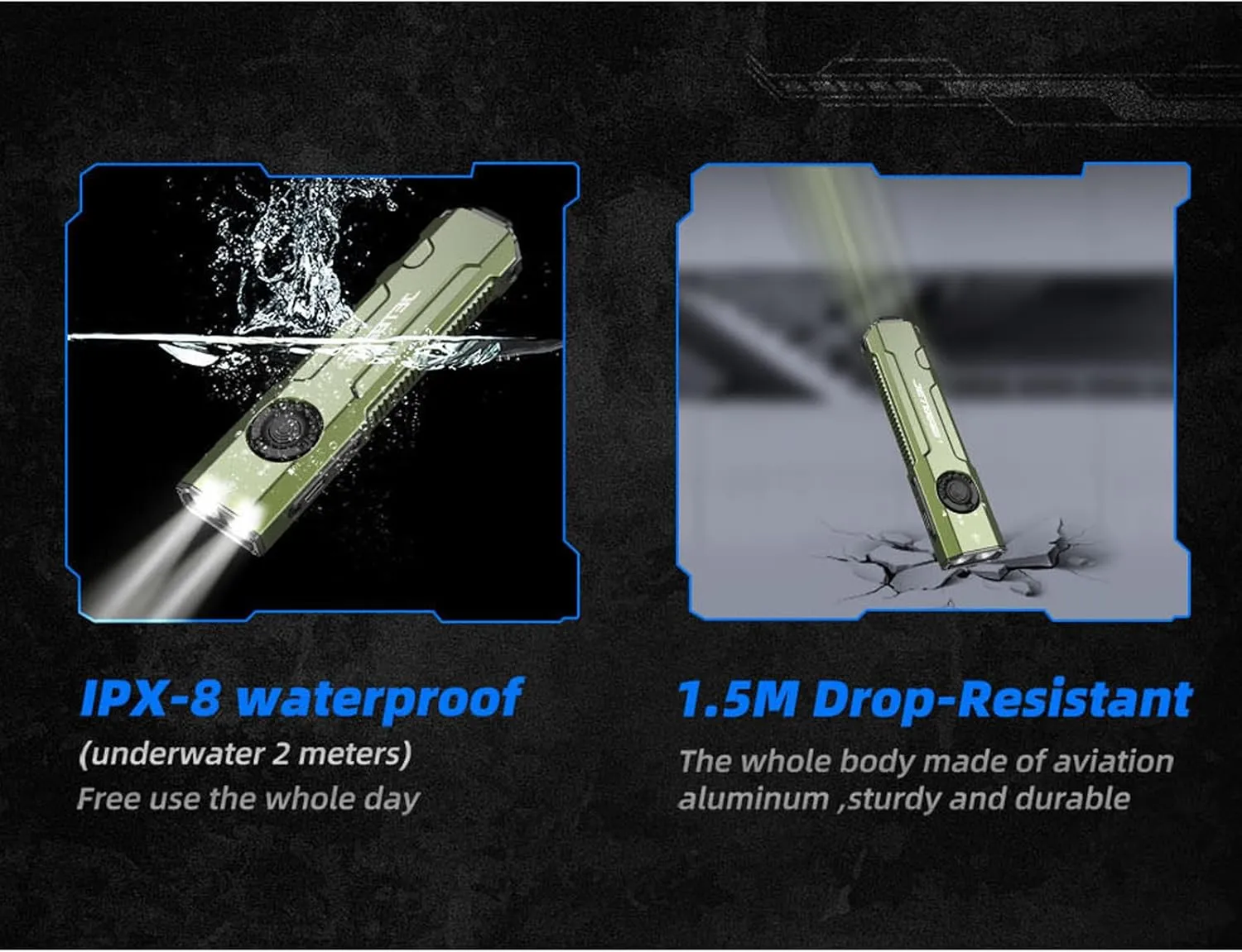 JETBeam E26 EDC Handsfree Flashlight,3000 Lumens Dual Light Source LED Light with Green Beam Combo,5 Modes Rear Flash,Power by Rechargeable Built-in Battery,IPX8 Waterproof Rating,Widely Used
