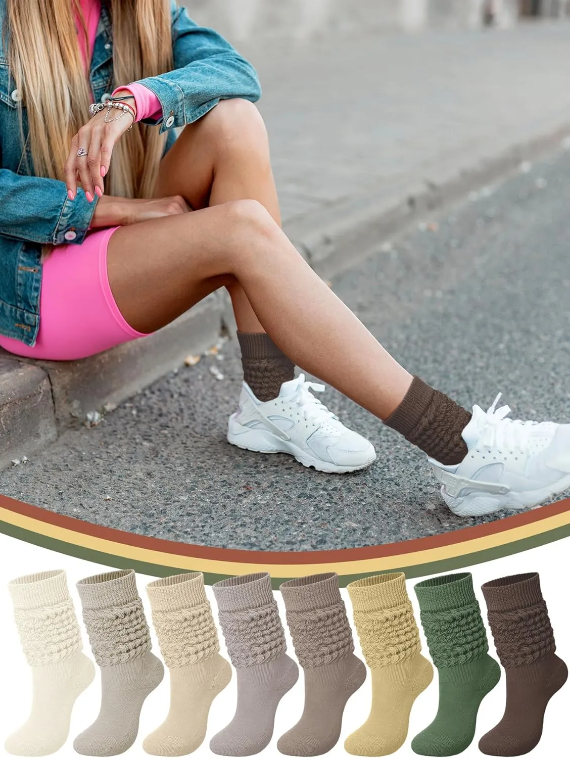 Jeyiour 8 Pairs Slouch Socks for Women Knee High Scrunch Boot Stack Socks Soft 80s 90s Size 9-11
