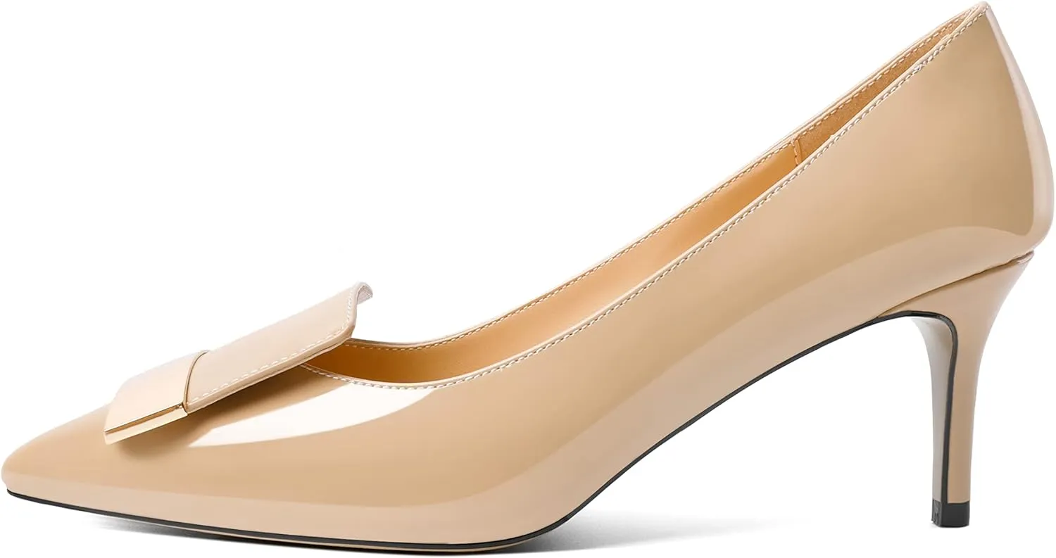 Joseywade Women's Low Heel Pumps Kitten Heels Pumps Buckle Pointed Toe Slip on 2.5 Inch Elegant Patent Dressy Shoes