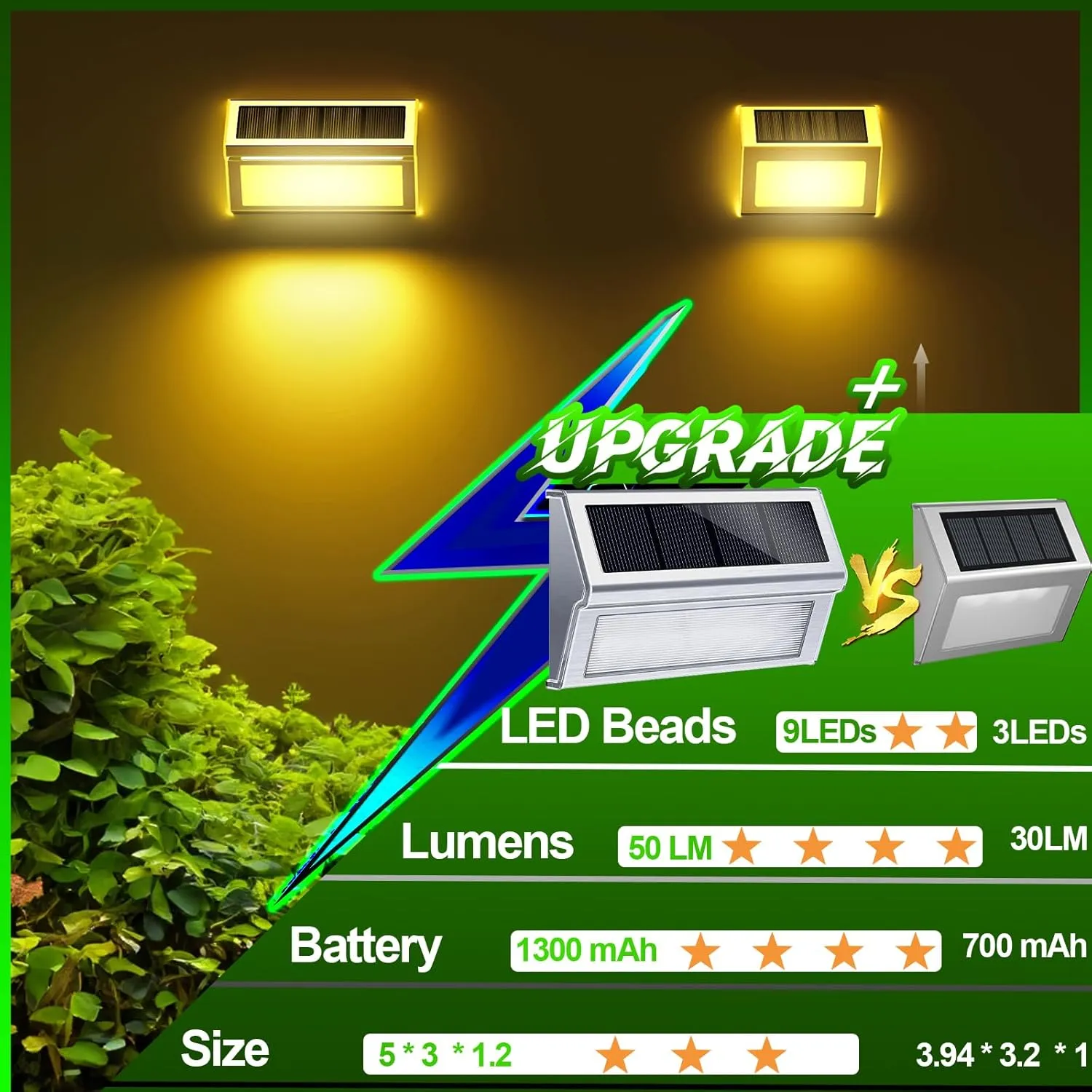JSOT Solar Lights for Outside, 9 LED Fence Light Solar Outdoor Lights Waterproof for Step Garden Backyard Patio Yard Wall Stair Pool Post Lamp Lighting, Warm Light, 10 Pack