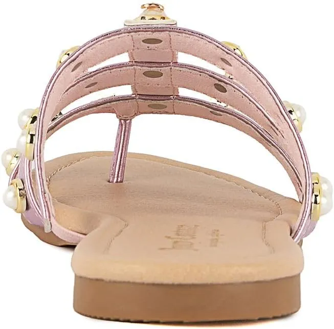 Juicy Couture Women's Slide Sandal – Flat, Dressy, Comfortable, Vegan Leather, Pearl Embellished Slides for Casual & Summer Wear