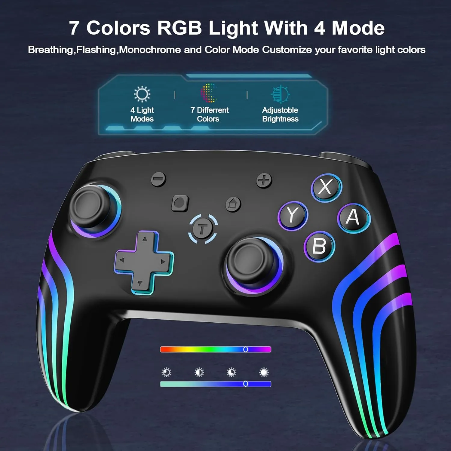 JUNHUAN 2.4G Wireless Switch Controller with Hall Triggers, PC Pro Controller for Nintendo Switch/Lite/OLED/PC/Android/IOS/Steam with 7-Cool RGB LEDs, 6-Axis Gyro Sensor Wake-up Vibration Turbo (2.4G-Black)