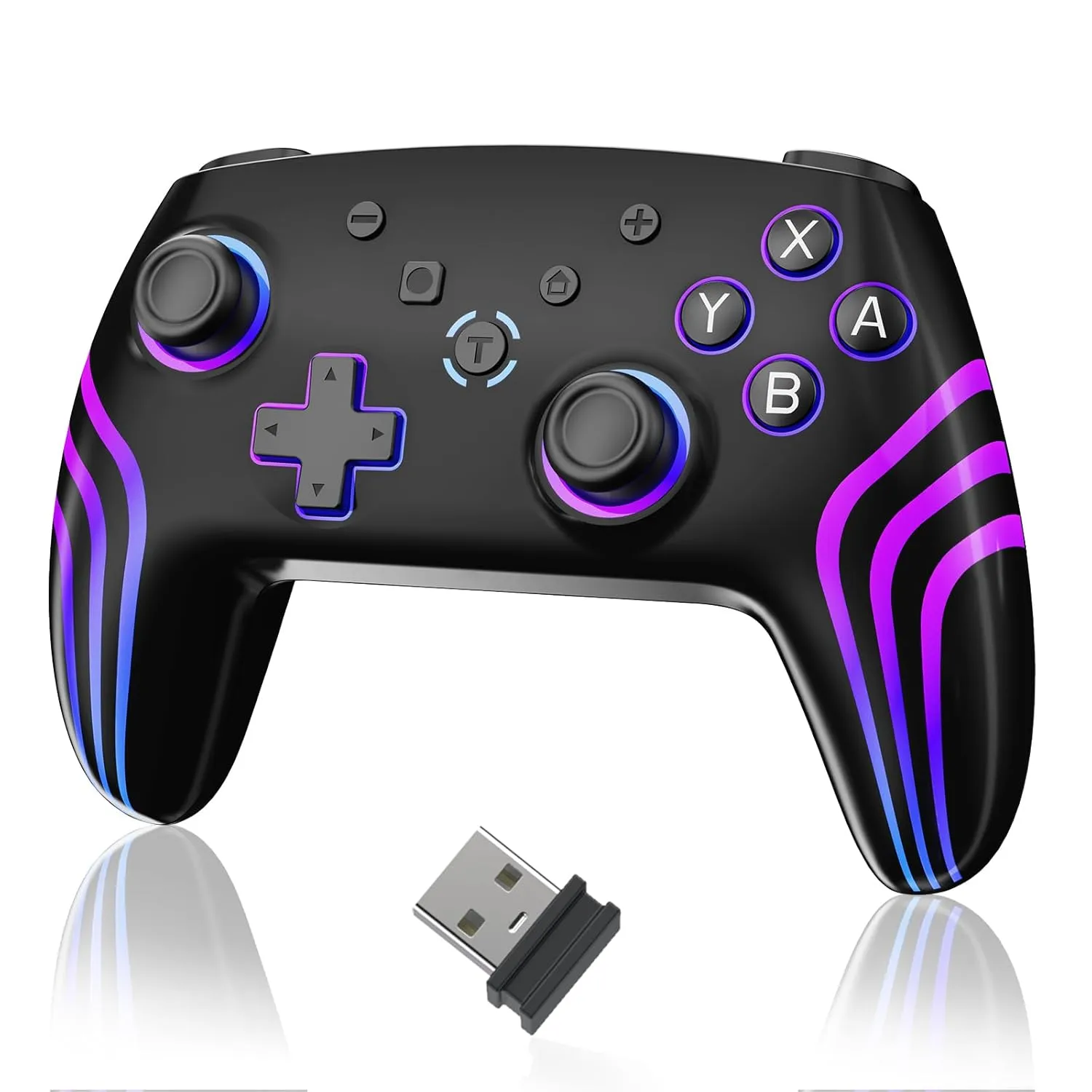JUNHUAN 2.4G Wireless Switch Controller with Hall Triggers, PC Pro Controller for Nintendo Switch/Lite/OLED/PC/Android/IOS/Steam with 7-Cool RGB LEDs, 6-Axis Gyro Sensor Wake-up Vibration Turbo (2.4G-Black)