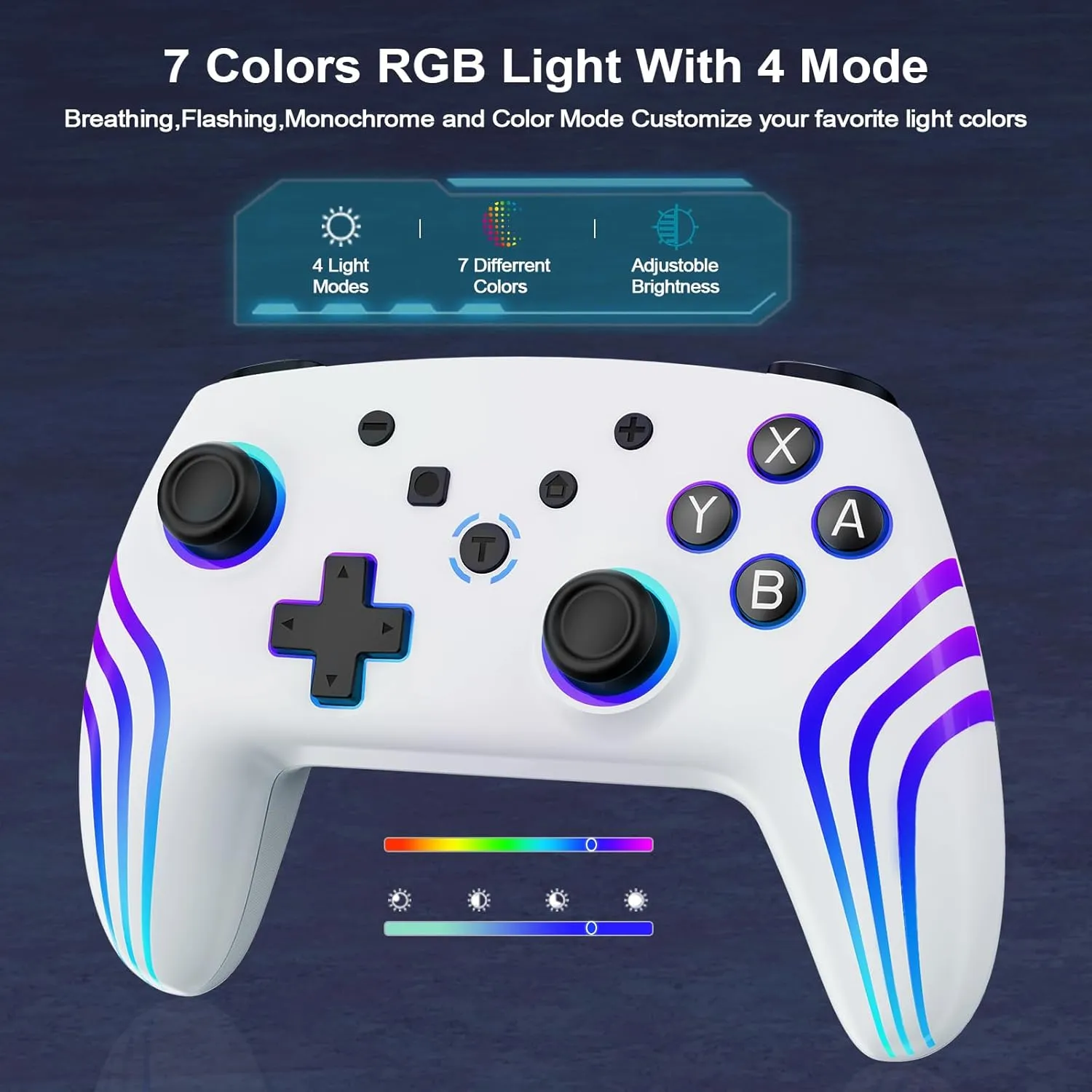 JUNHUAN Wireless Switch Controller with Hall Triggers, PC Pro Controllers for Nintendo Switch/Lite/OLED/PC/Android/IOS/Steam with 7-Cool RGB LEDs, 6-Axis Gyro Sensor Wake-up Vibration Turbo (White)
