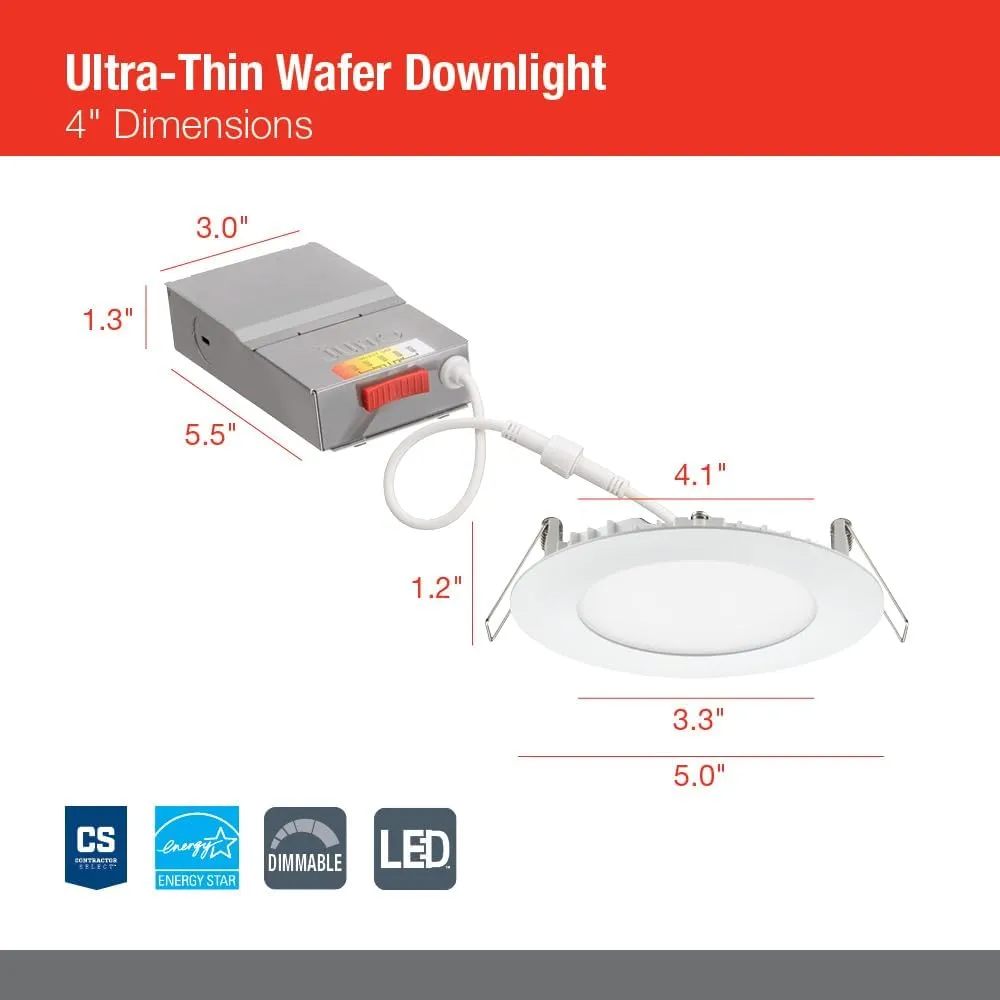 Juno LED Recessed Lights 4 Inch Round Wafer Downlight, 5-in-1 Switchable White Color Temperature, 120 Volts, 4-Inch Ultra-Thin Flat Trim, Matte White, 12-Pack (WF4 SWW5 90CRI MW CP12)