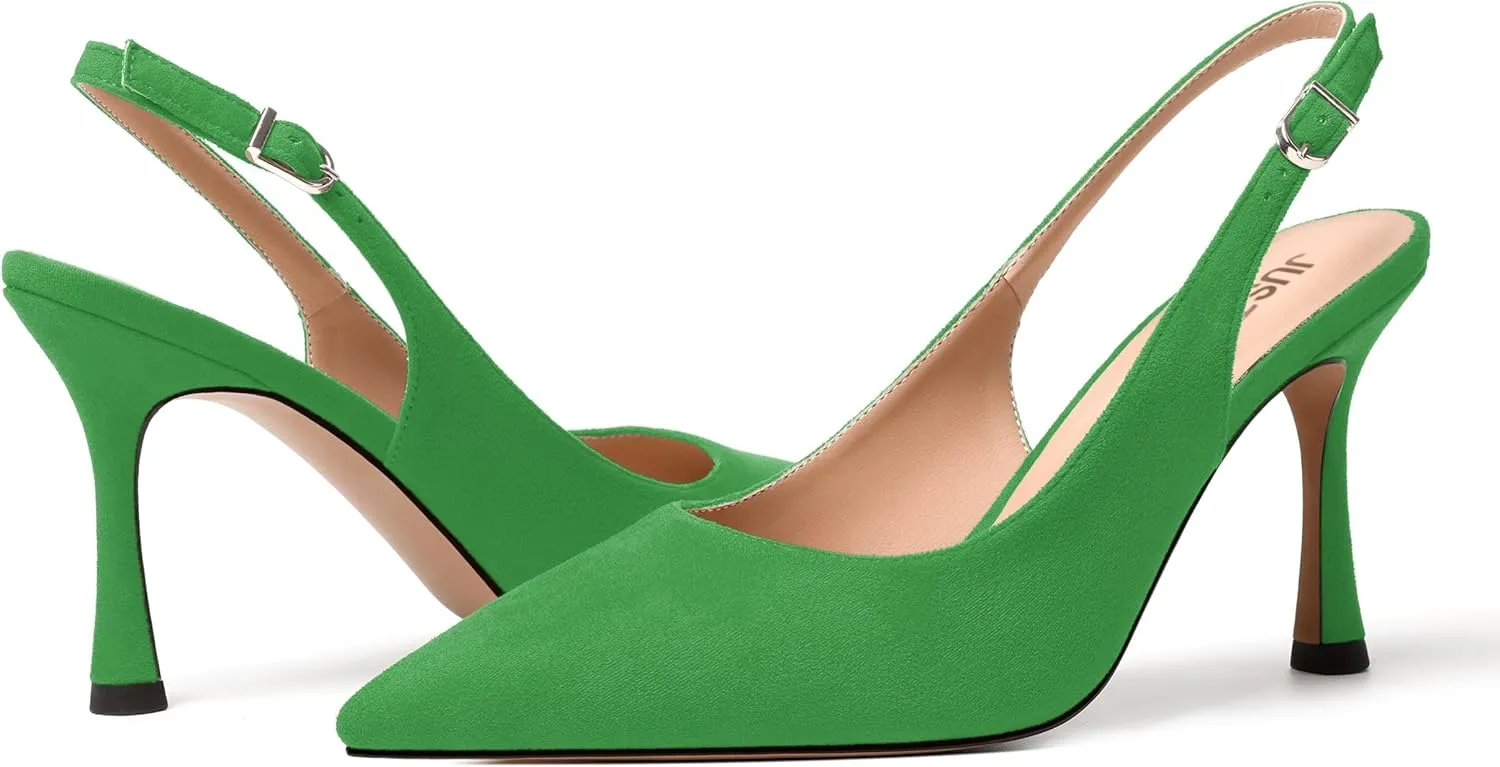 JUSTDANNI Womens Slingback Suede Pointed Toe Wedding Dress Buckle Comfortable Stiletto High Heel Pumps Shoes 3.3 Inch