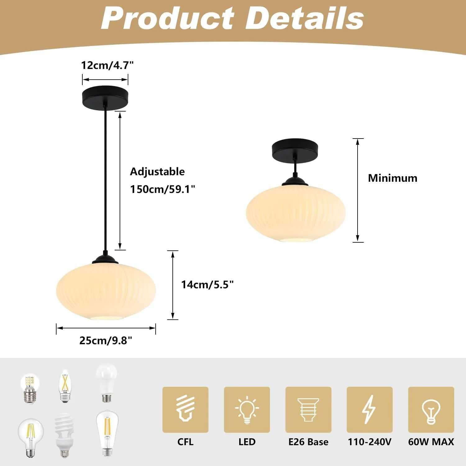 KCO Lighting Large Milk Glass Pendant Light Black and White Pendant Light Mid Century Modern Hanging Ceiling Light Fixture Industrial Farmhouse Pendant Lights Kitchen Island