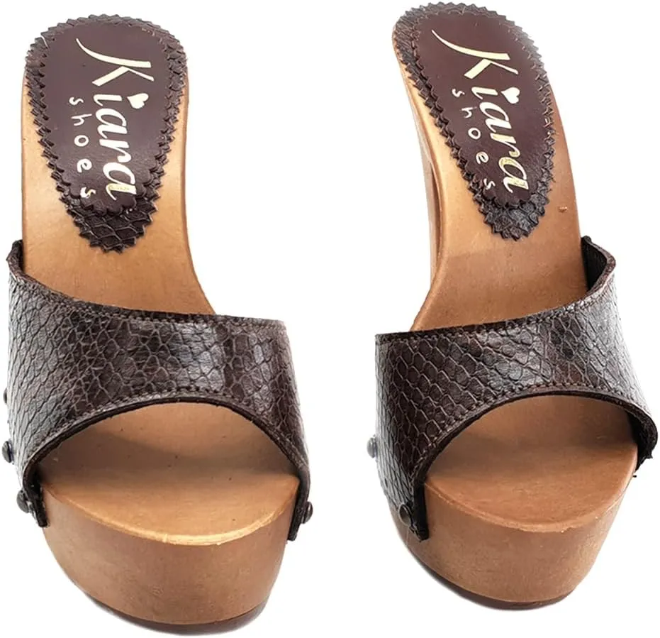 Kiara Shoes Sexy Clogs Snake-Effekt Heel 13-K93001 Pitone Brown