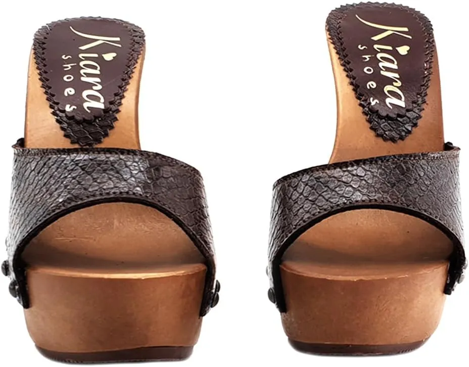 Kiara Shoes Sexy Clogs Snake-Effekt Heel 13-K93001 Pitone Brown