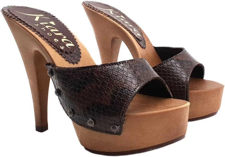 Kiara Shoes Sexy Clogs Snake-Effekt Heel 13-K93001 Pitone Brown