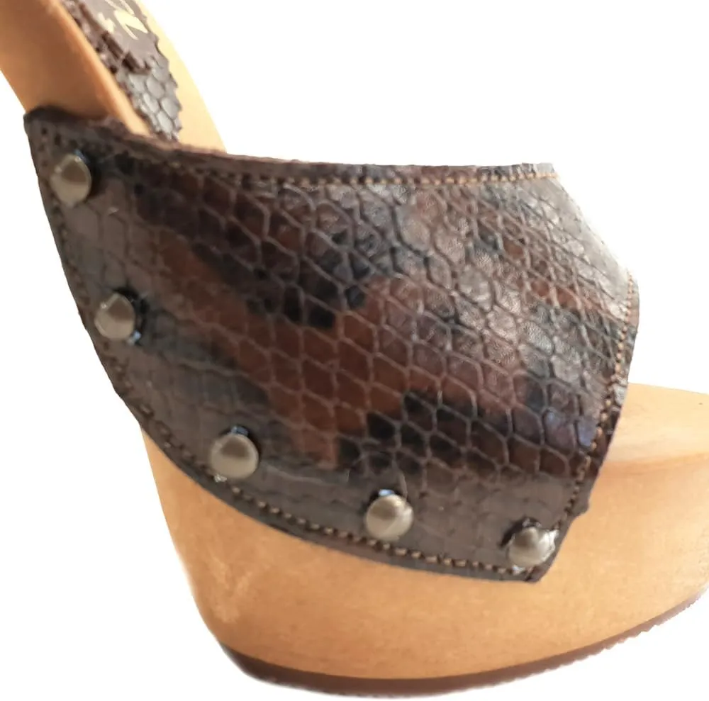 Kiara Shoes Sexy Clogs Snake-Effekt Heel 13-K93001 Pitone Brown