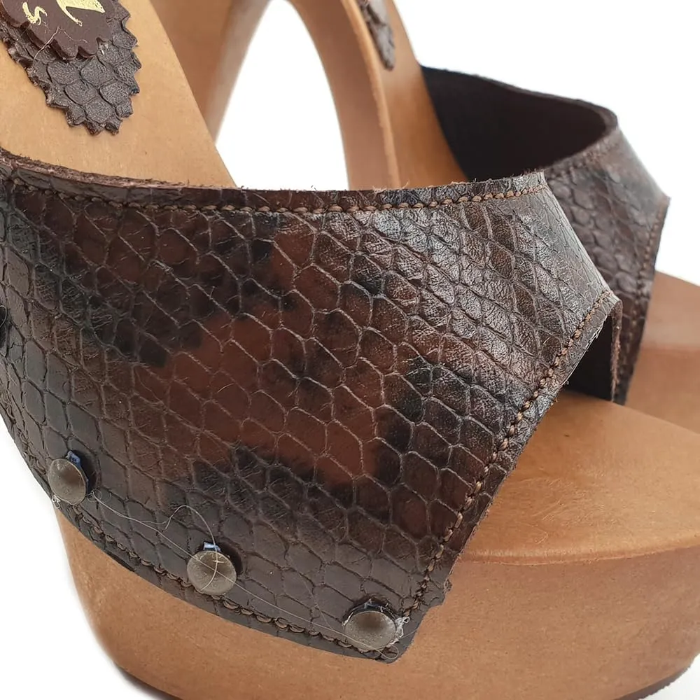 Kiara Shoes Sexy Clogs Snake-Effekt Heel 13-K93001 Pitone Brown