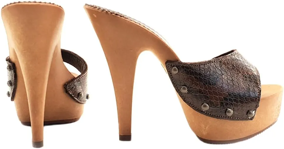 Kiara Shoes Sexy Clogs Snake-Effekt Heel 13-K93001 Pitone Brown