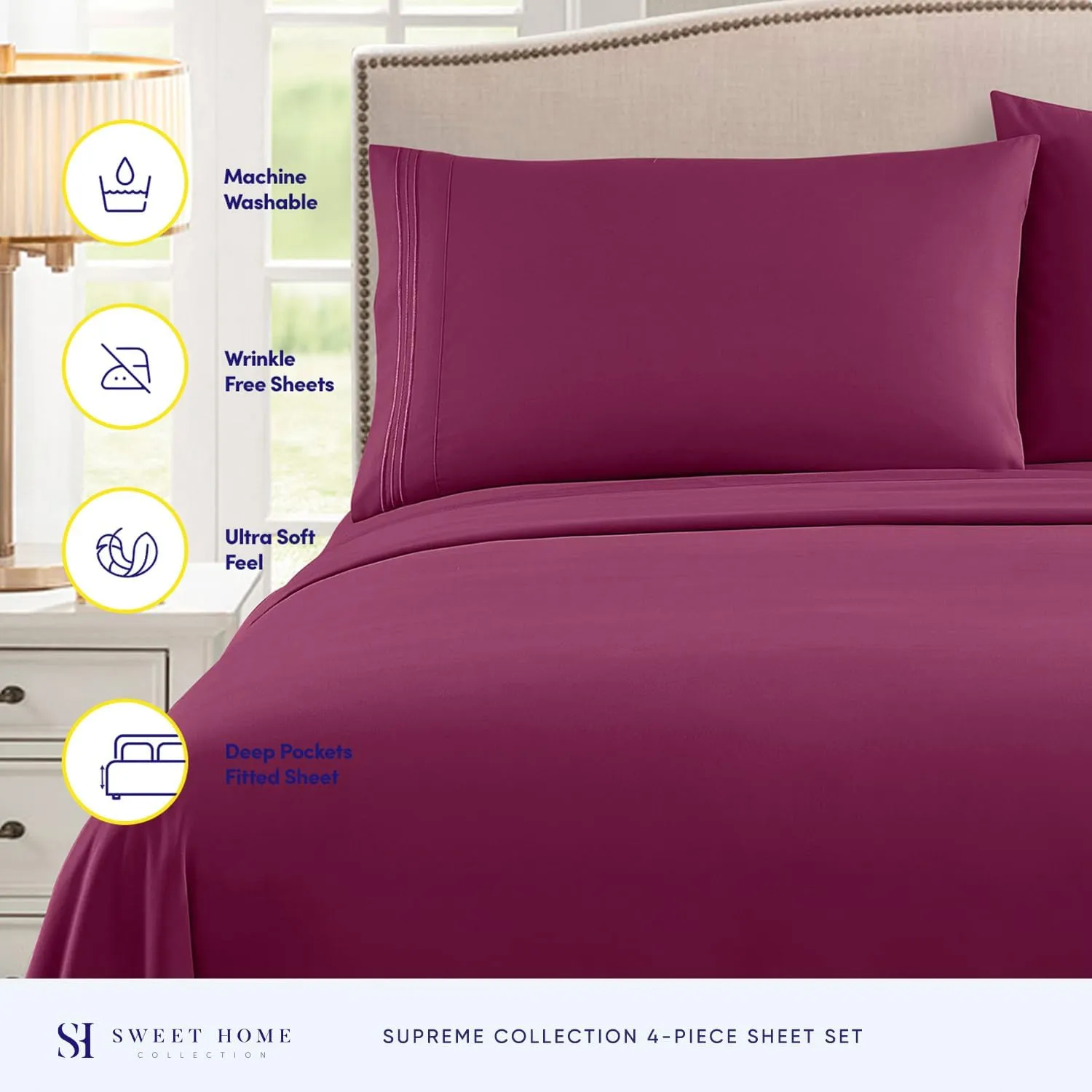 King Size Sheets - Breathable Luxury Bed Sheets with Full Elastic & Secure Corner Straps Built In - 1800 Supreme Collection Extra Soft Deep Pocket Bedding Set, Sheet Set, King, Berry
