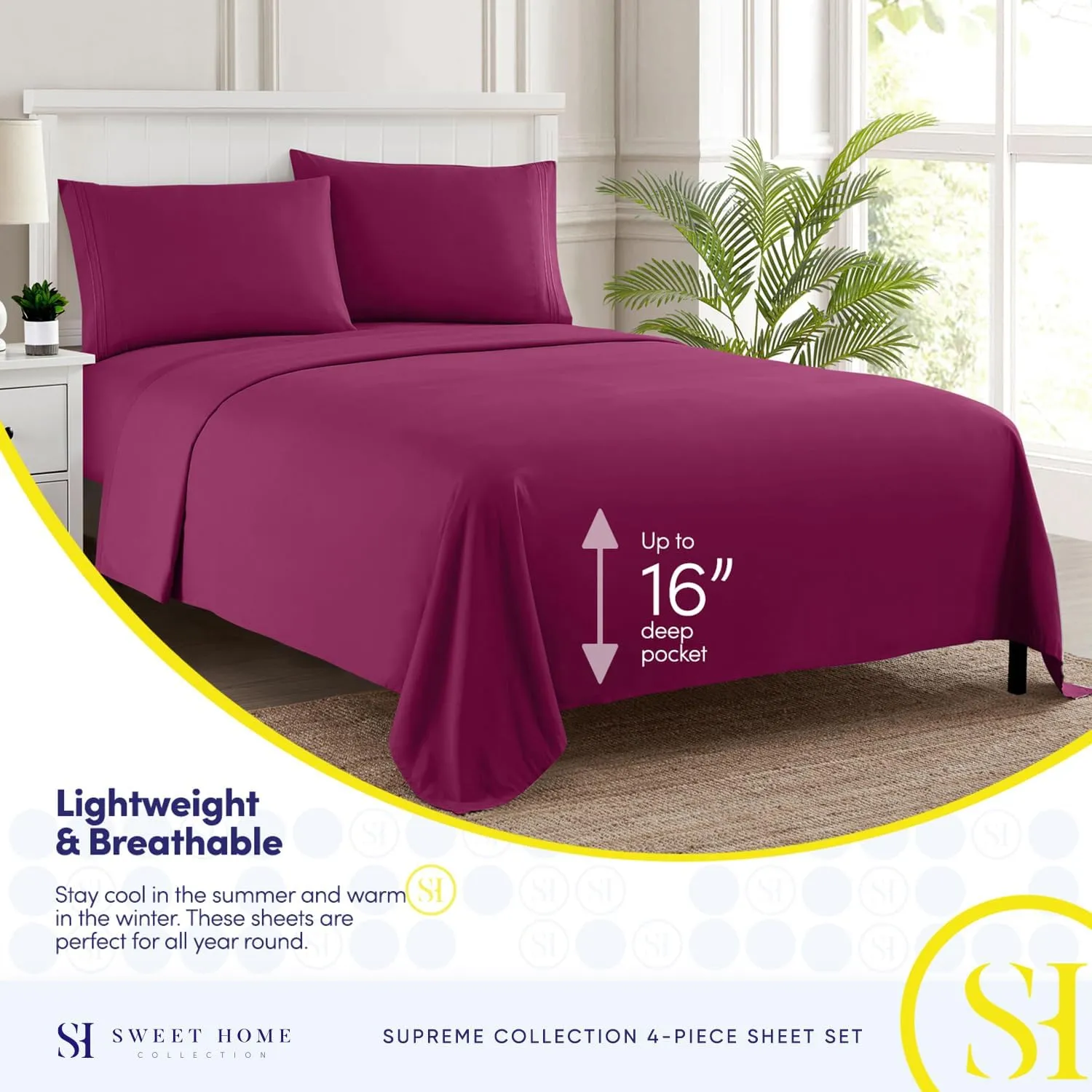 King Size Sheets - Breathable Luxury Bed Sheets with Full Elastic & Secure Corner Straps Built In - 1800 Supreme Collection Extra Soft Deep Pocket Bedding Set, Sheet Set, King, Berry