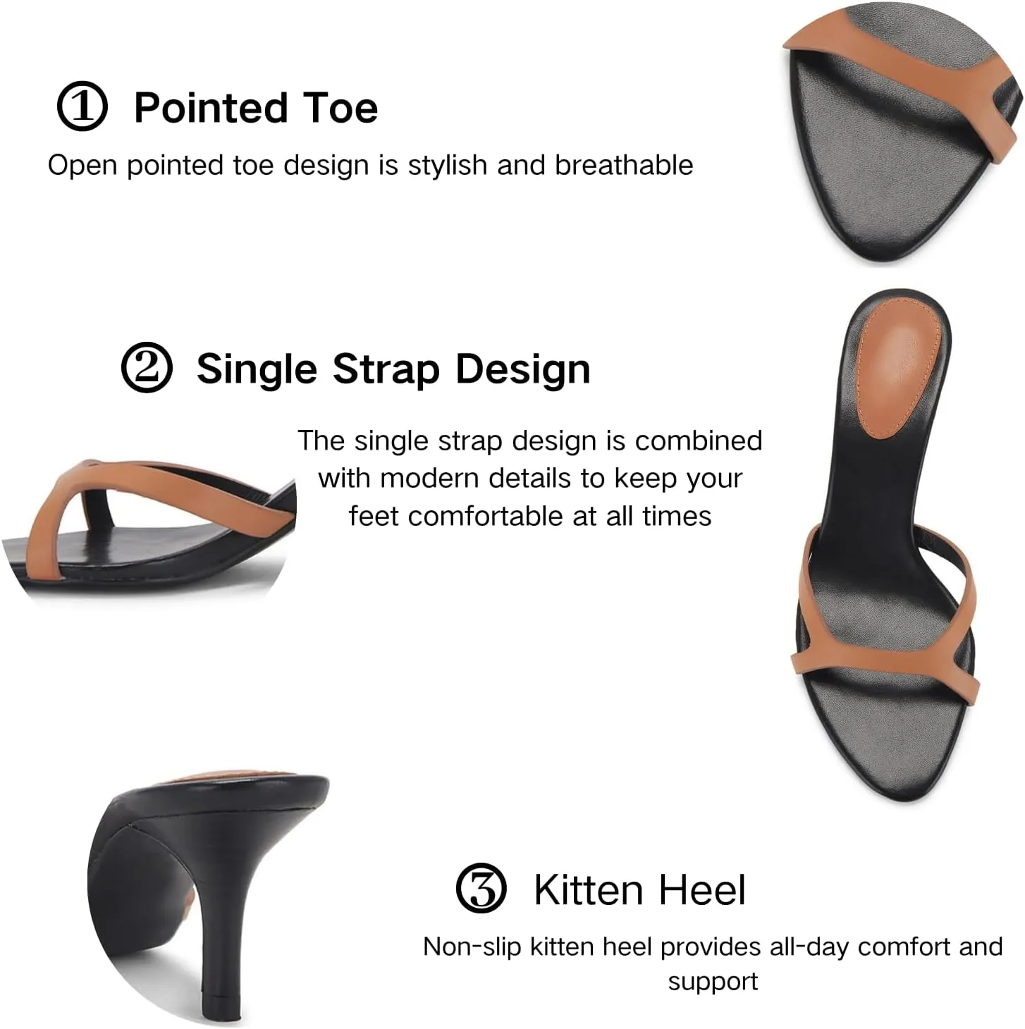 Kitten Heels for Women Single Strap Low Heel Open Toe Mule Shoes Non Slip Sandals