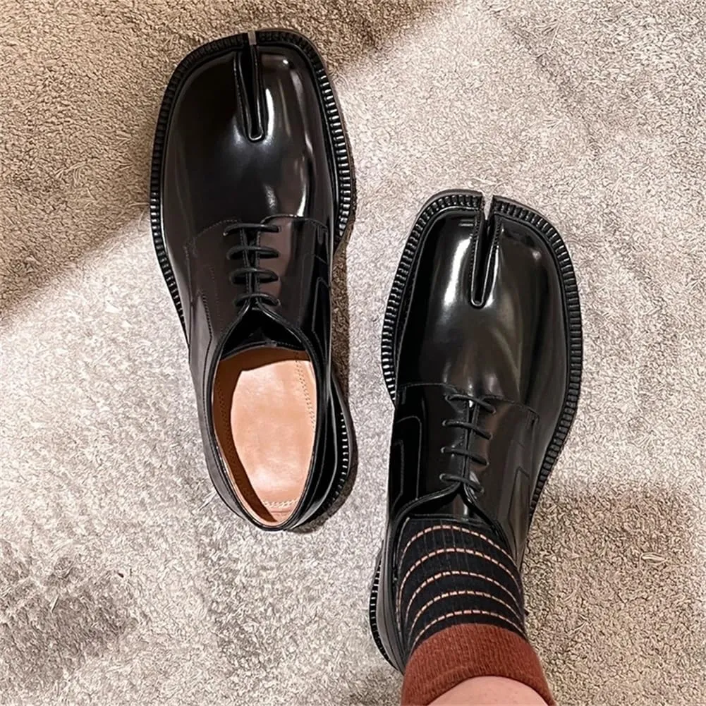 Kluolandi Split Toe Loafers for Women Tabi Shoes Platform Chunky Heel Loafers Lace Up Business Casual Black Leather Shoes