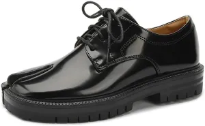 Kluolandi Split Toe Loafers for Women Tabi Shoes Platform Chunky Heel Loafers Lace Up Business Casual Black Leather Shoes