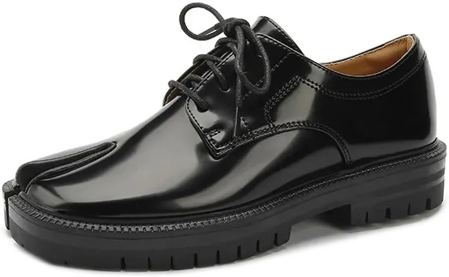 Kluolandi Split Toe Loafers for Women Tabi Shoes Platform Chunky Heel Loafers Lace Up Business Casual Black Leather Shoes
